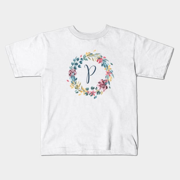 Floral Monogram P Colorful Full Blooms Kids T-Shirt by floralmonogram